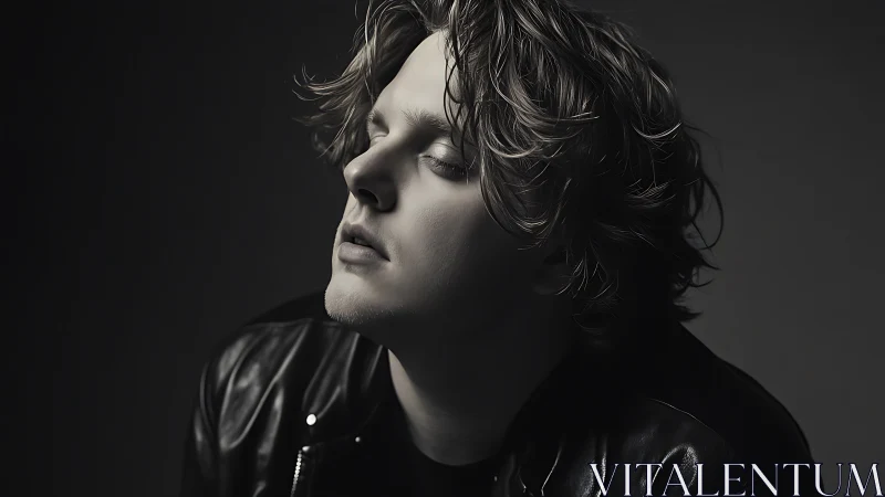 Quiet glow of a leather-clad dreamer in soft grayscale.