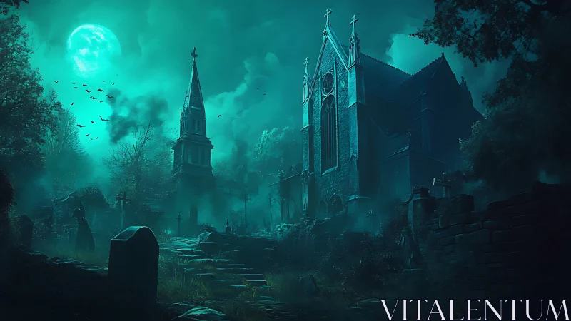 Gothic church and graveyard are shown under teal moonlight