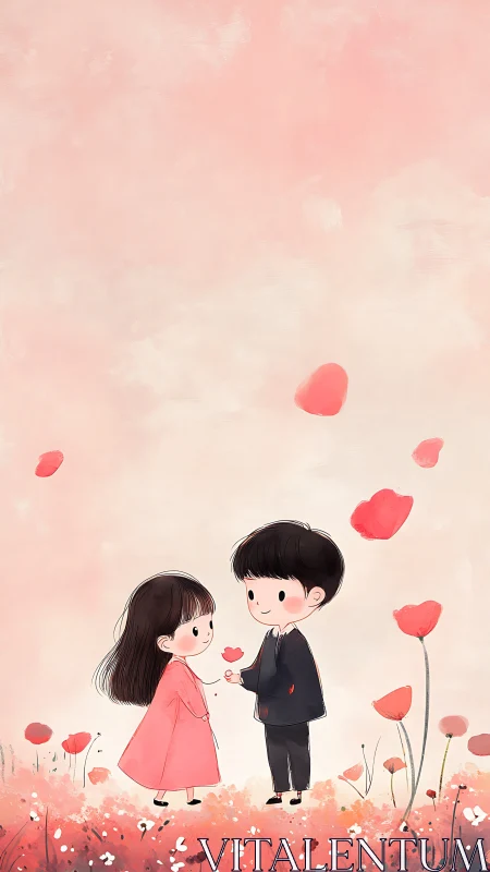 Young Couple Exchanging Hearts in Romantic Floral Field