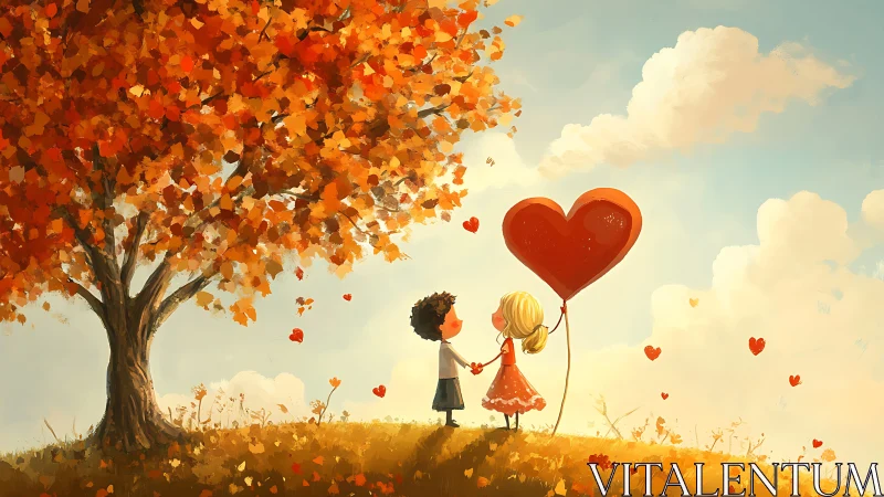 Autumn Love: Digital Illustration of Children Sharing Heart-Shaped Balloon.