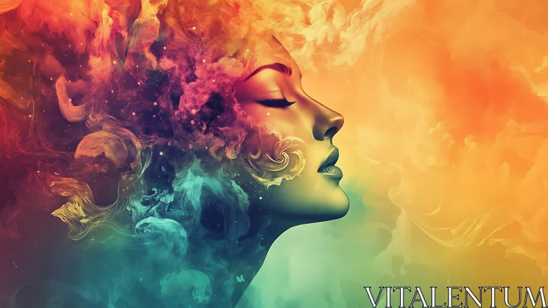 Dream-soft portrait drifting through swirling color clouds.