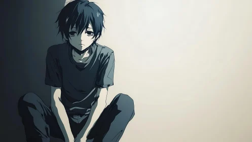 Shadowed boy studies silence while the empty wall listens