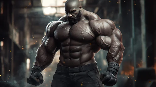 Photorealistic hyper-muscled warrior in industrial ruin.
