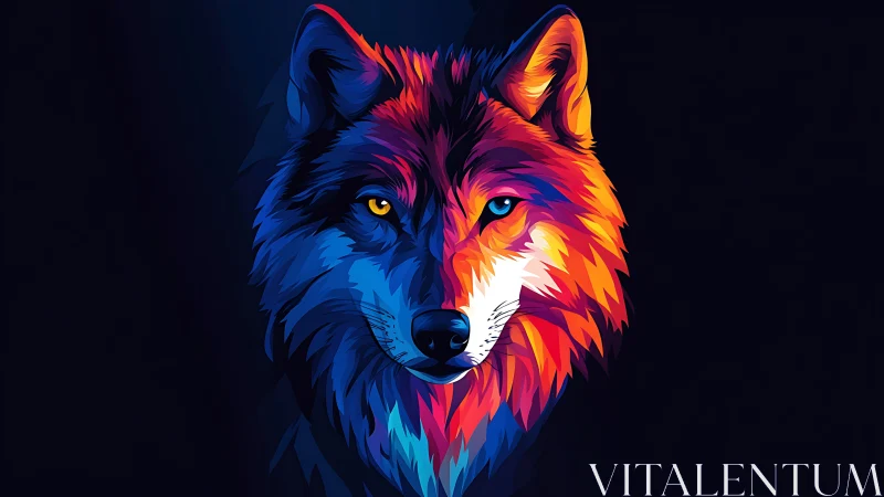Vector pop illustration of neon chromatic wolf portrait symmetry.