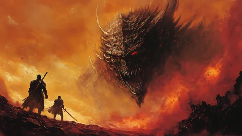 Infernal colossus confronting twin warriors in flame-torn sky.