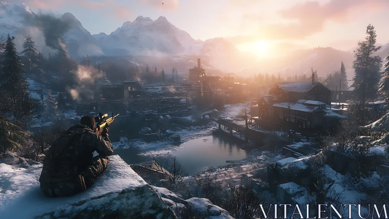 Armed observer positioned at mountain overlook above industrial settlement.