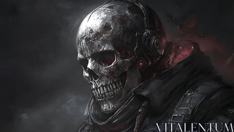 Metallic skull figure in dark smoke with red embers detail.