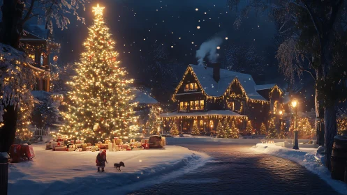 Illuminated winter streetscape showcases grand Christmas tree