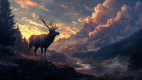 Digital painting of stag at alpine dusk with atmospheric depth.