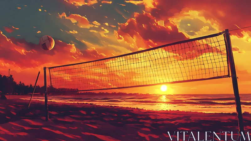 Sunset volleyball net leans into a sky set aflame by waves