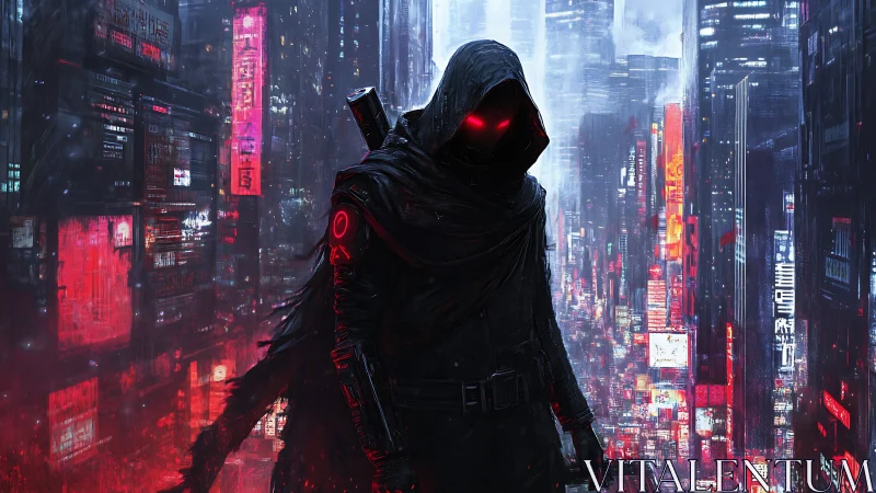 Cyberpunk hooded assassin over neon city skyline.