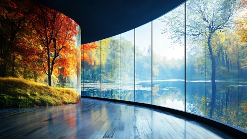 Curved glass gallery reveals vibrant seasonal forest panorama.