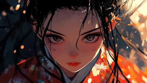 Intense gaze of kimono girl in glowing bokeh storm.