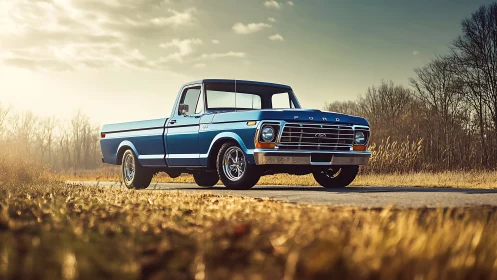 Blue vintage Ford pickup truck parked on rural roadside