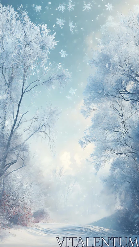 Frozen woodland corridor rendered in luminous winter atmosphere
