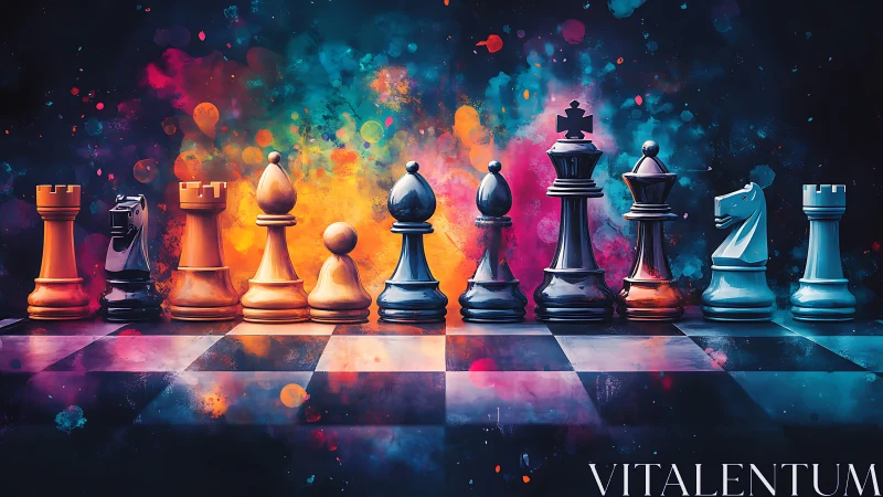 Colorful chess pieces lined on board with vivid splashes.