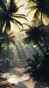 Sunlit tropical jungle stream under tall palm trees.