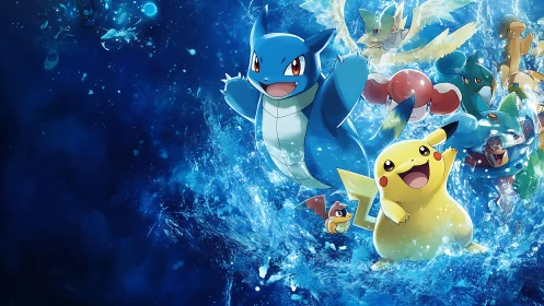 Pikachu and Squirtle lead dynamic water Pokémon splash