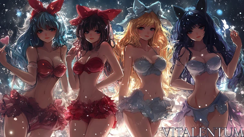 Four stylized female figures stand in coordinated ribbon outfits