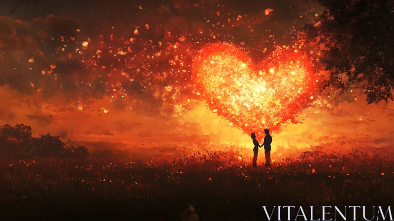 Silhouetted Couple Against Explosive Heart-Shaped Inferno with Particle Dispersion