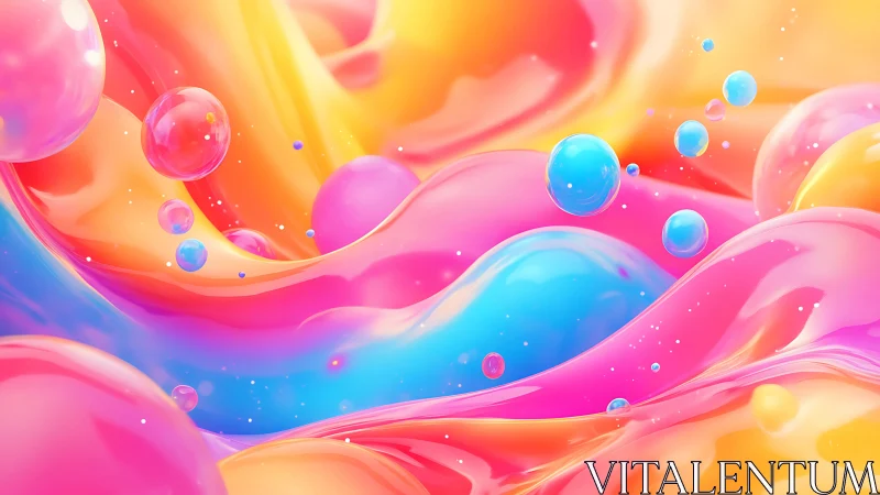 Multicolored fluid waves and translucent spheres form abstract field