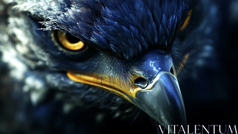 Intense close-up of eagle’s face in dramatic lighting, hyper-realistic style.