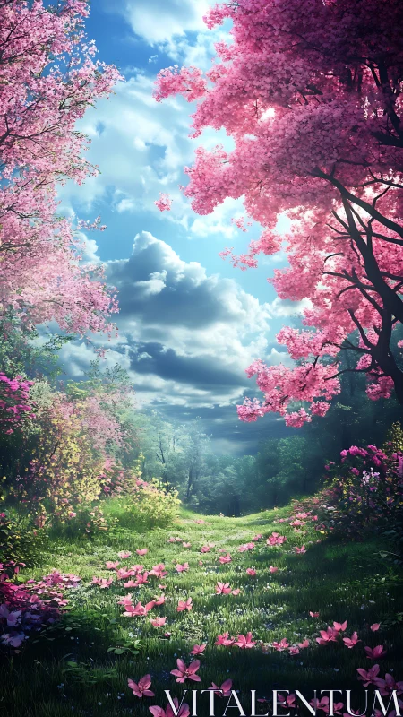 Blooming cherry path opens beneath a bright spring sky.