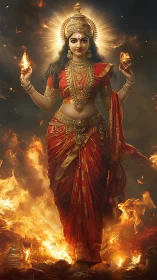 Digital painting of fiery Hindu goddess in frontal symmetry.