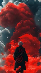 Backlit swordsman framed by volumetric red storm clouds