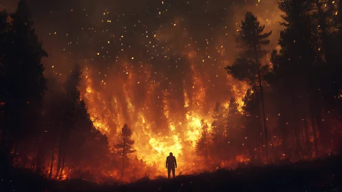 Solitary Figure Positioned Before Large-Scale Wildfire