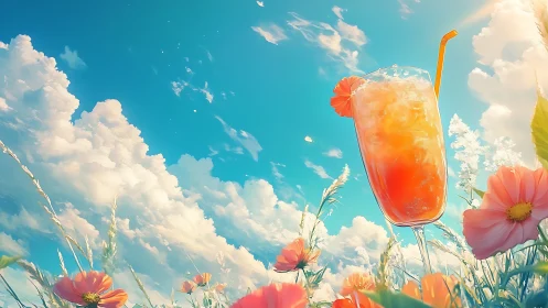 Iced citrus cocktail towers over flower field under vivid sky