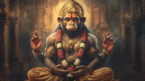 Divine monkey deity in ornate temple setting, meditative pose.