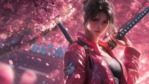 Digital samurai portrait presents figure under cherry blossoms