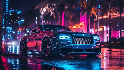 Neon rain crowns a luxe midnight cruiser with electric poise