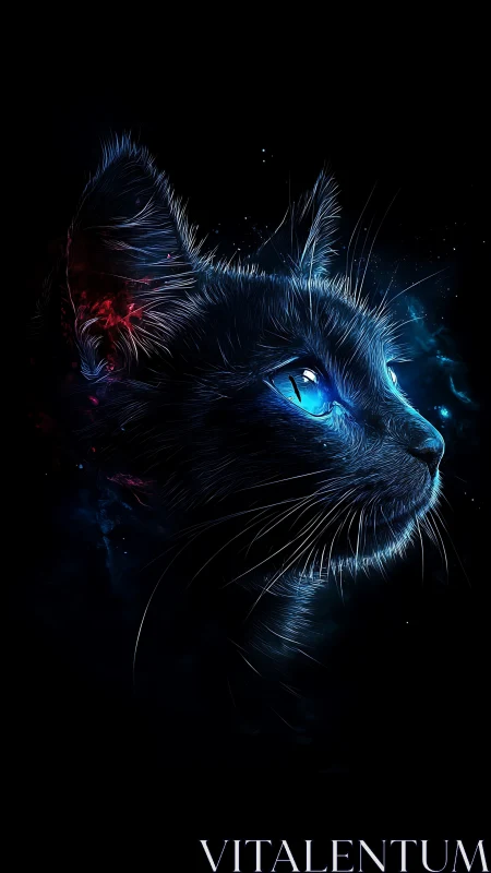 Neon-Lit Cat Portrait with Blue and Red Light Effects