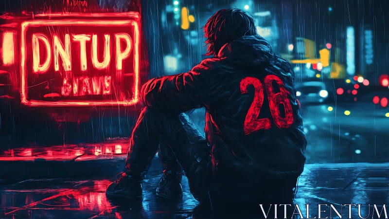 Solitary figure in neon-soaked rain, high-contrast cyberpunk palette