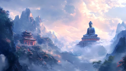 Mystic mountain temple and colossal Buddha above clouds.