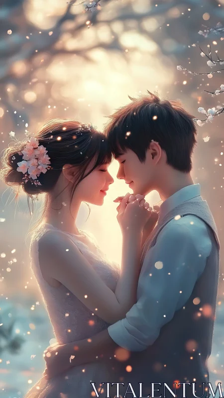 Two animated figures embrace with glowing particles in romantic scene