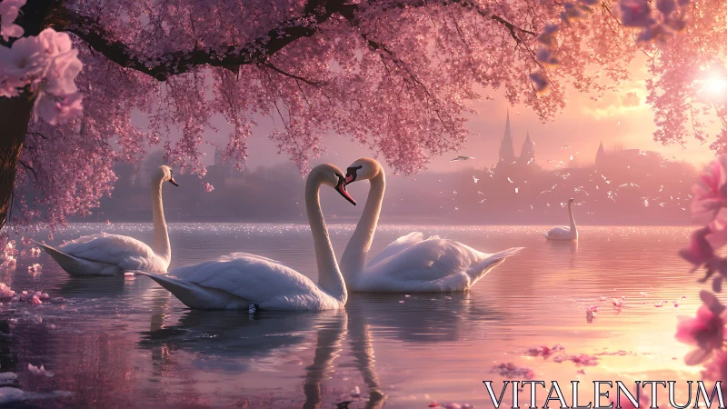 Two swans forming heart shape in pink cherry blossom lake