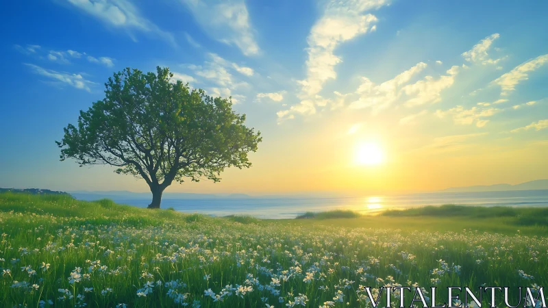 Solitary shoreline tree under glowing spring sunrise.