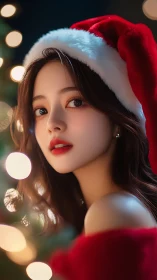 Portrait of festive woman in Santa hat with bokeh lighting effects