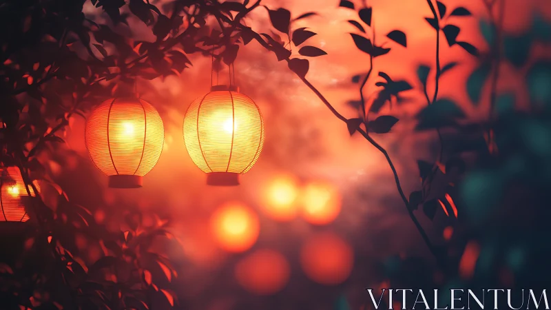 Lantern hearts drifting through a twilight garden hush.