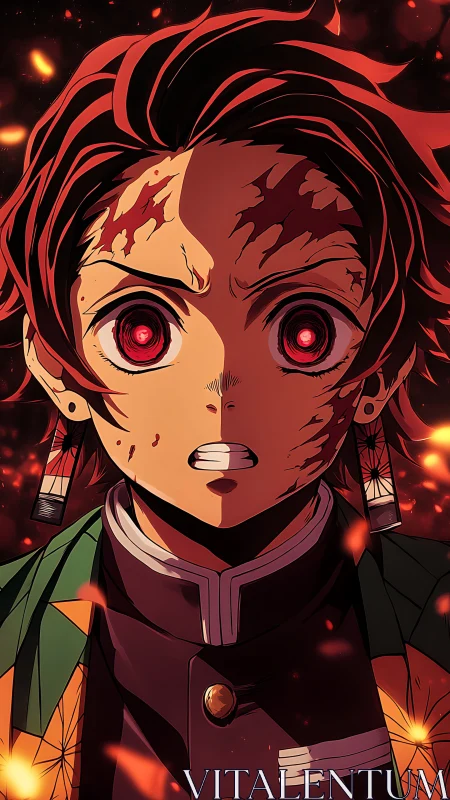 Demon-eyed anime warrior stands amid glowing embers.