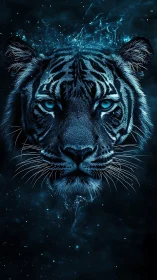 Blue neon tiger portrait with glowing cosmic details.
