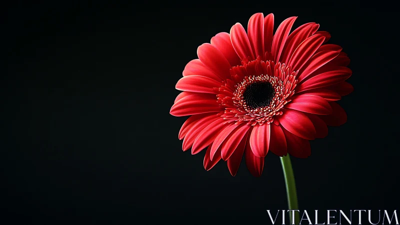 Radiant red gerbera blossom glows softly against dark night