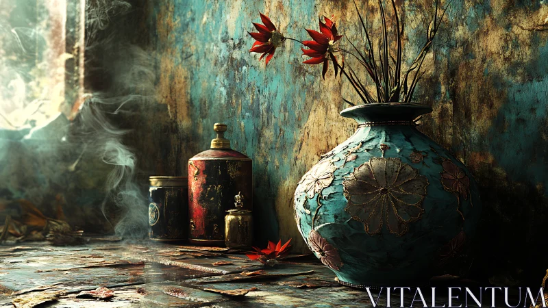 Turquoise floral vase anchors rustic sunlit still life.