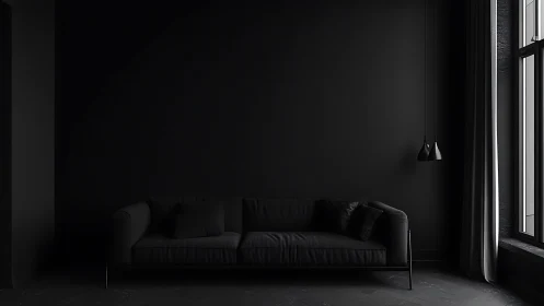 Monochrome black interior isolates a sofa in minimal chiaroscuro