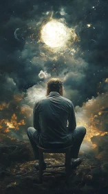 Solitary figure contemplates stellar vortex in atmospheric void