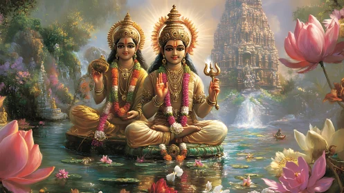 Dual Hindu deities seated on lotus pads amid temple water garden