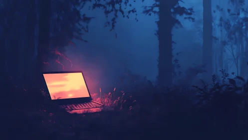 Glowing laptop illuminates misty forest floor at twilight